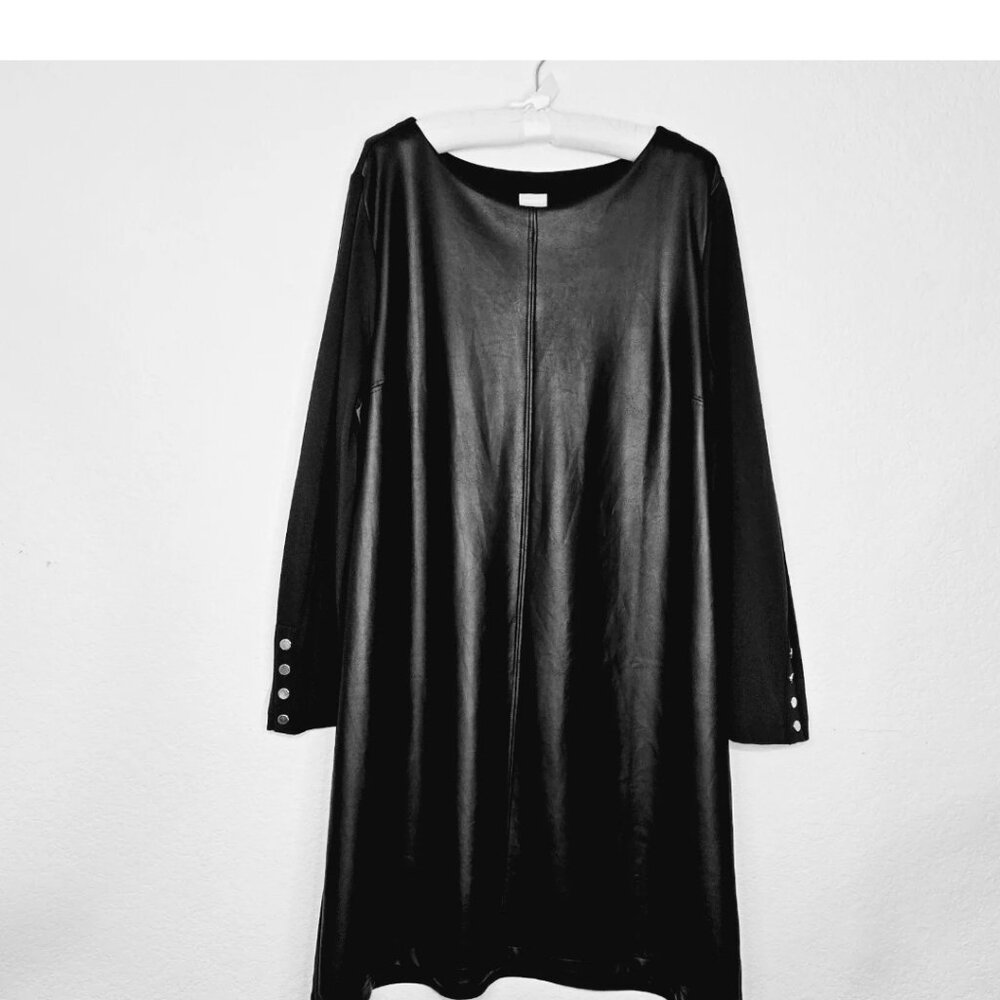 Chico's Faux Leather Black Shift Dress Pleather Boat Neckline
